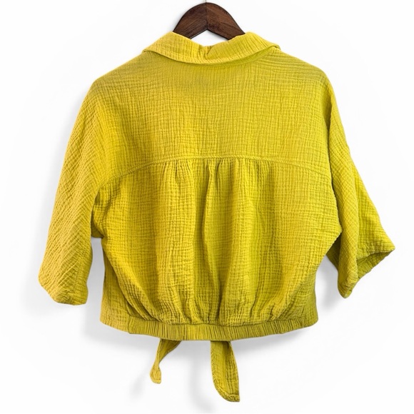 Kaktus Yellow Cotton Gauze Tie Front Button Down Cropped Shirt XS - Picture 2 of 5